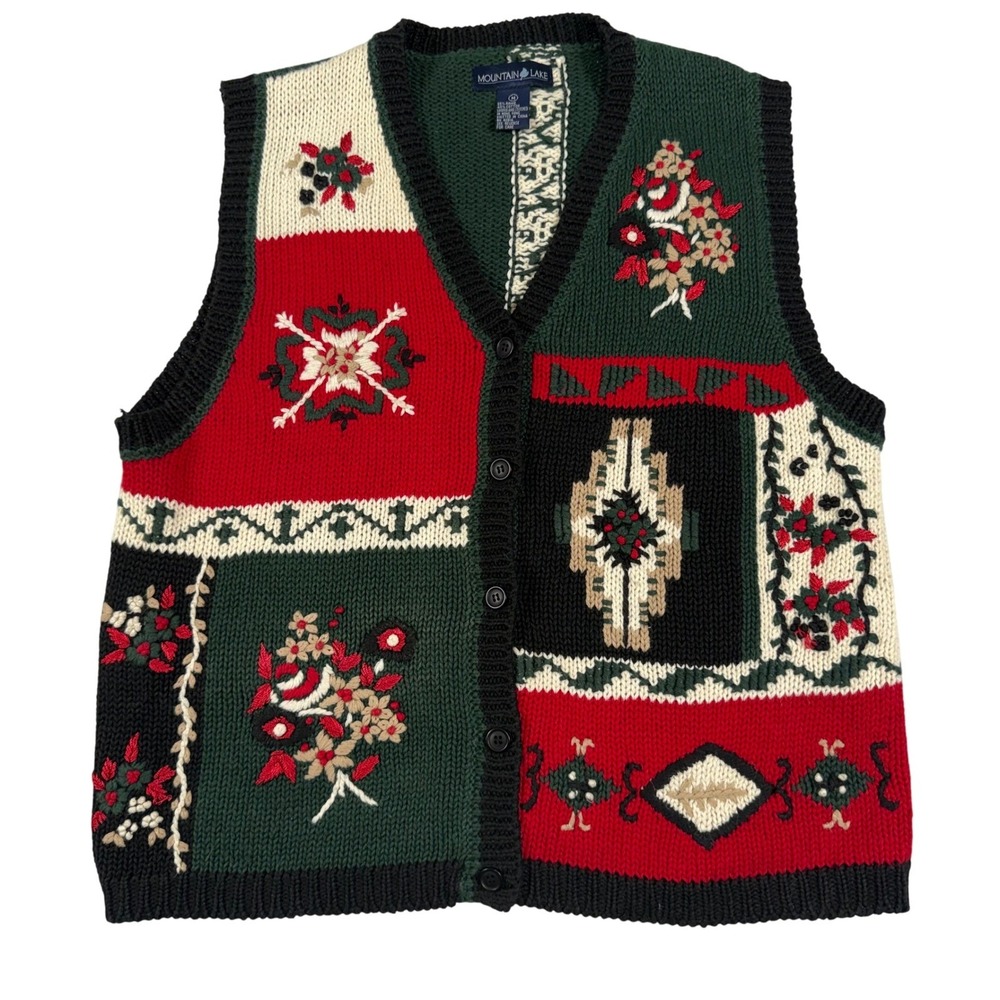 Mountain Lake Womens Patchwork Floral Knit Sweater Vest Green Red Medium Vintage